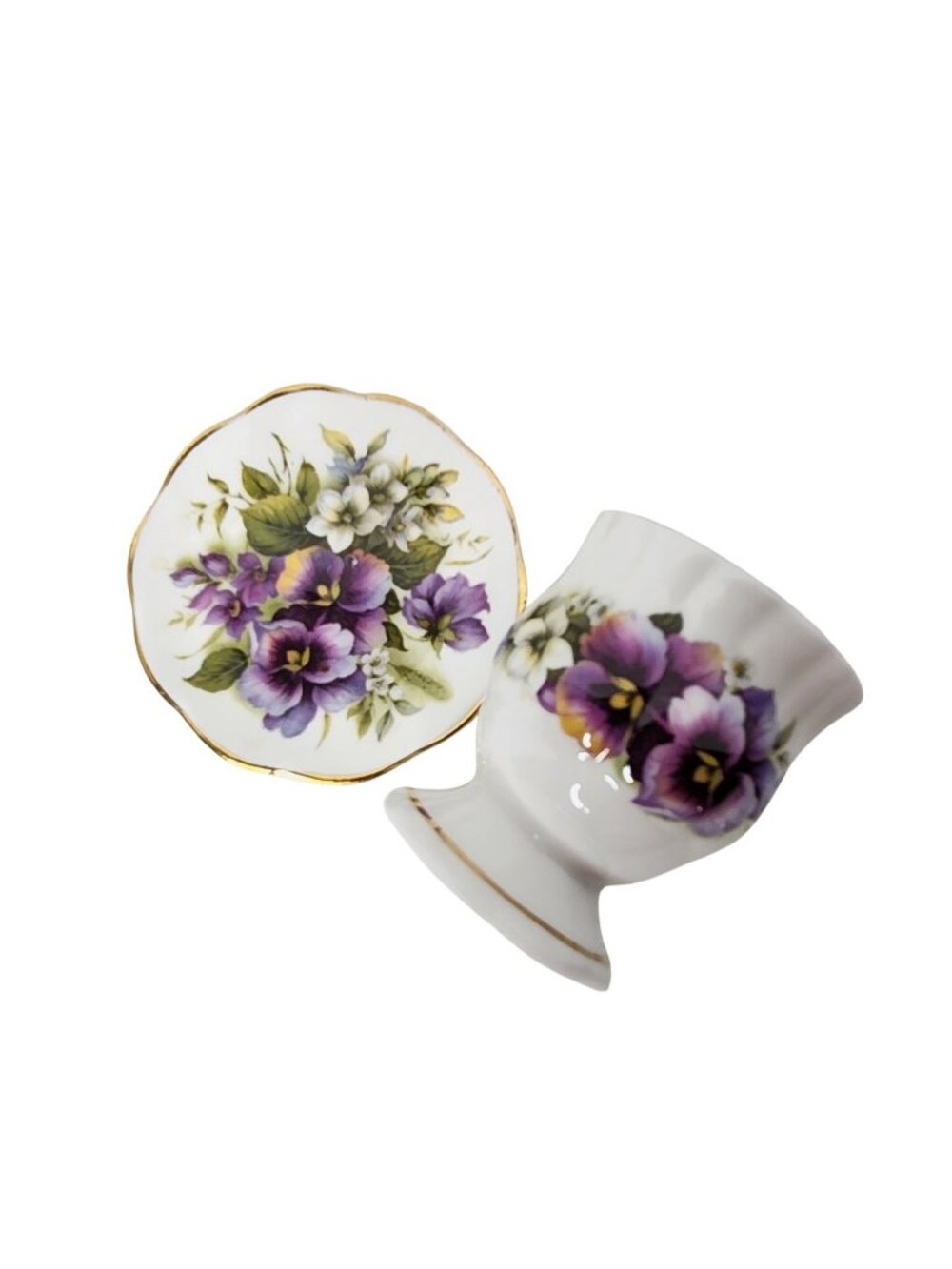 Vintage Porcelain Egg Cup And Saucer Set Purple Floral Pansy Print
